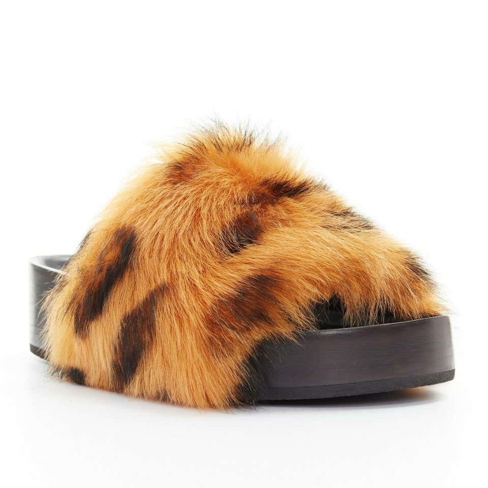 Celine Fur Slides In Animal Print